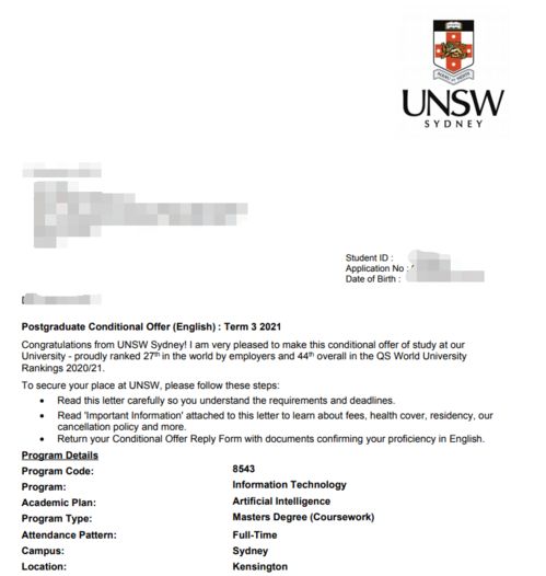 新南威尔士大学接受offer